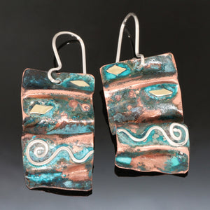 folded copper earrings rectangular, silver spirals and brass accented and green patina