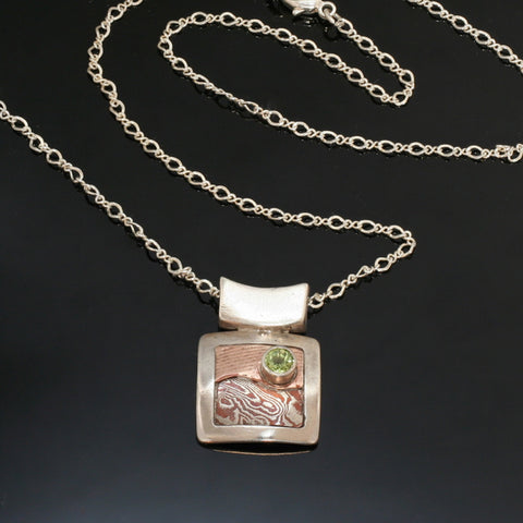 Square Mokume Silver Gold Peridot Necklace - Mokume Gane - Nature Inspired Necklace - Dressy - Three Tone Necklace - Handmade in BC Canada