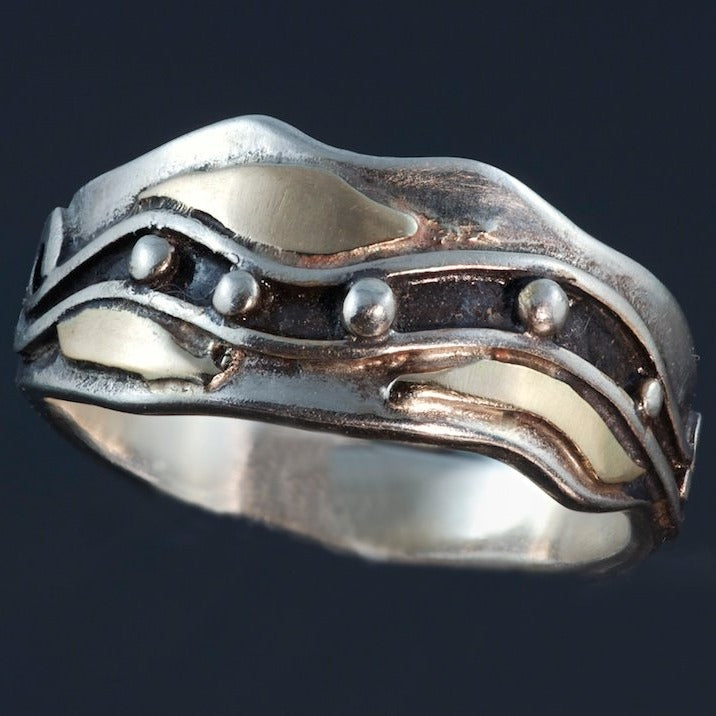 Oxidized Silver Gold Ring Waves