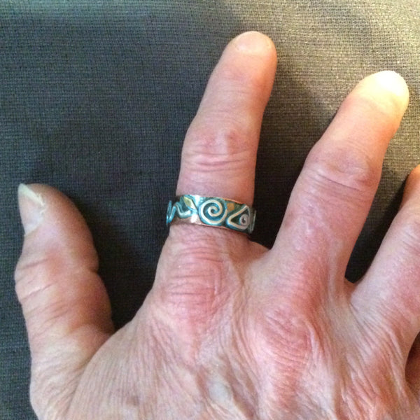 Wide Ring Copper Silver Brass, Oxidized / R510 turquoise patina