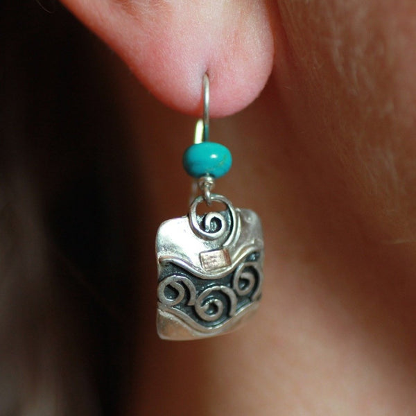 Silver Gold Earrings, Spirals Waves, Beads / E99