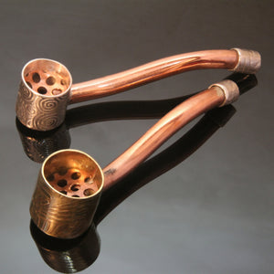 2 small travel smoking pipes silver copper brass with copper screen and silver mouth piece