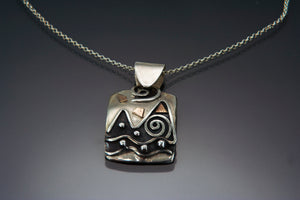 sterling silver necklace with mountain scene, bubbling water, spirals on silver bale and chain