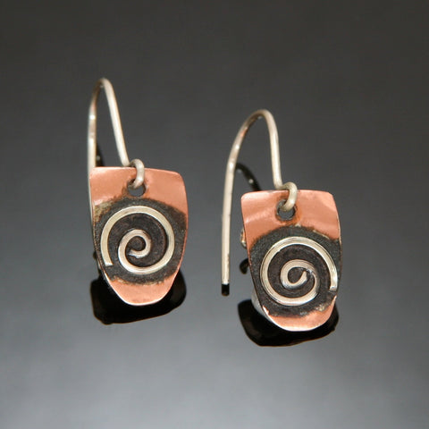 Small half round copper earrings with silver spiral and black patina