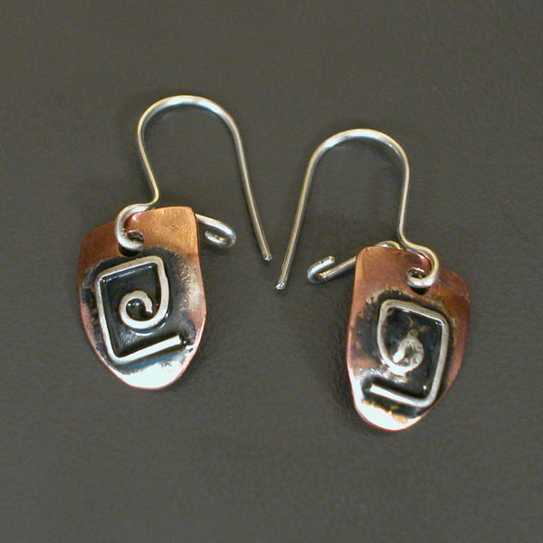 Small half round copper earrings with square silver spiral and black patina