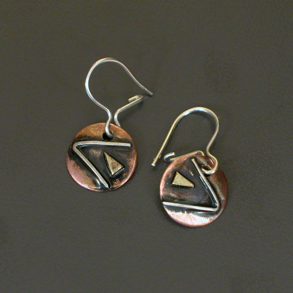 Small round copper earrings with silver triangle and black patina