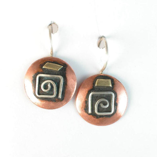 round copper earrings with square silver spiral and black patina