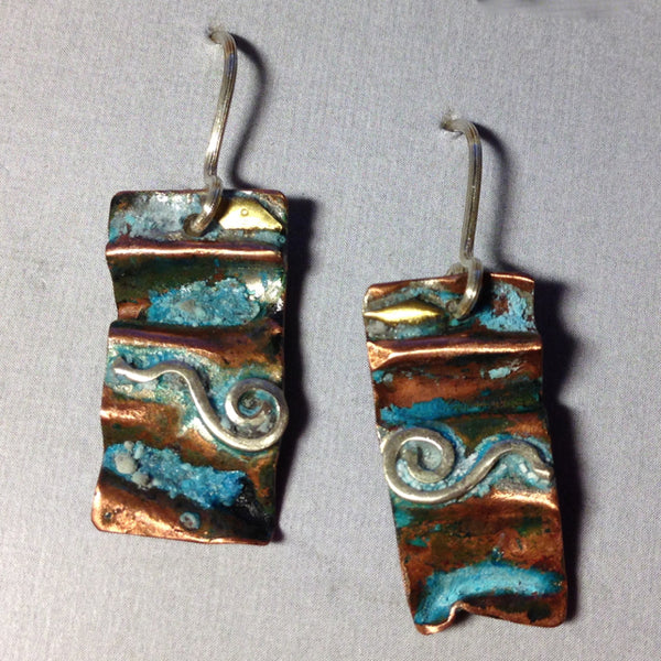 small folded copper earrings with silver spiral wave, brass accents and antiqued patina