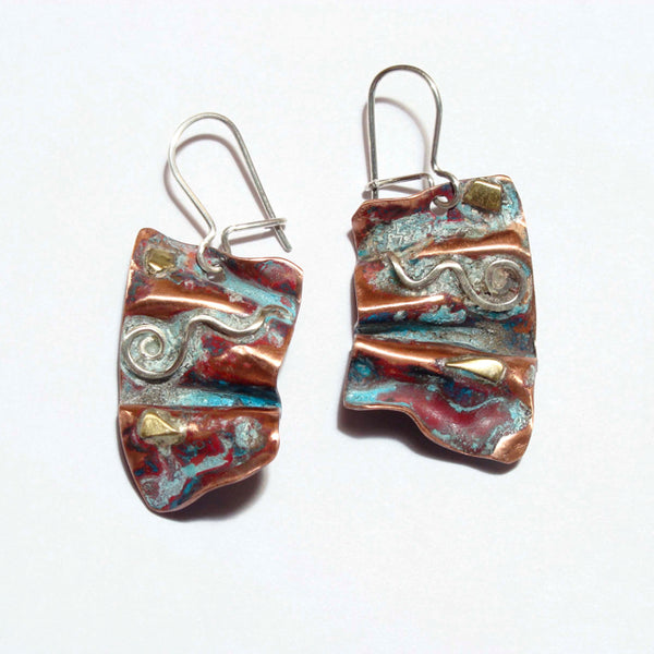 small folded copper earrings with silver spiral wave, brass accents and red green patina