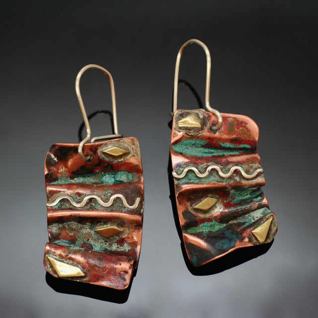 folded copper earrings with silver wave, brass accents and red green patina
