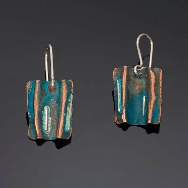 folded copper earrings with blue/green patina and sterling silver 