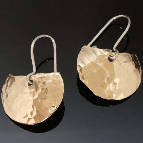 half round hammered shiny gold coloured brass earrings