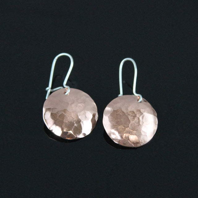 round hammered copper earrings on silver hooks