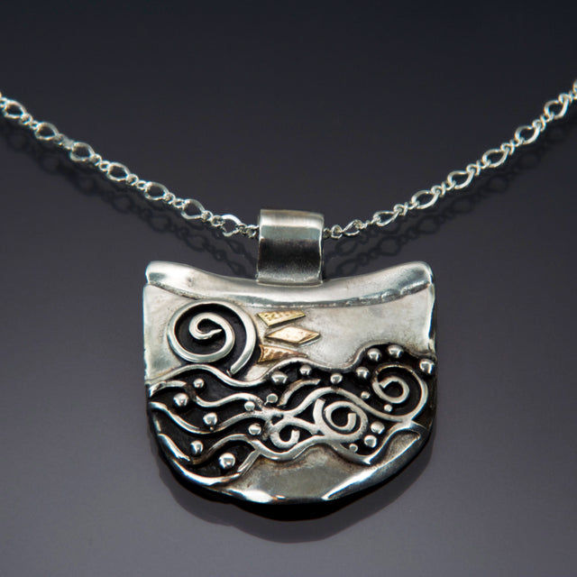 Ocean Waves Necklace, Spirals, Silver Gold / P110