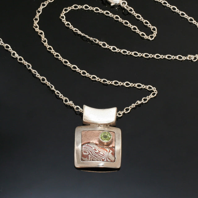Square Mokume Silver Gold Peridot Necklace - Mokume Gane - Nature Inspired Necklace - Dressy - Three Tone Necklace - Handmade in BC Canada