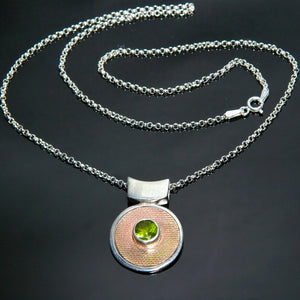 Peridot Round Silver Gold Necklace - Embossed Gold Fill - Large Faceted Peridot - Unusual Gift - Classy Necklace - Handmade in BC Canada