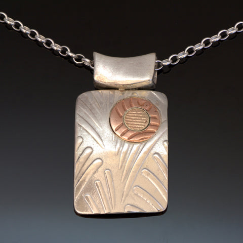 Embossed Silver Copper Gold Necklace - Bamboo Pattern - Circles Sun Stars - Rectangular - Nature Inspired Necklace - Handmade in BC Canada