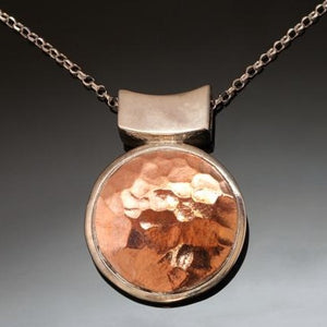 Round Sterling Silver Hammered Copper Necklace - Copper Disc Inlay - Dressy Necklace - Mixed Metal Pendant - Handcrafted in BC Canada