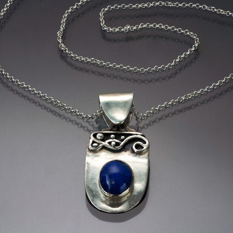 Lapis Silver Necklace  Spirals Waves Patina P41