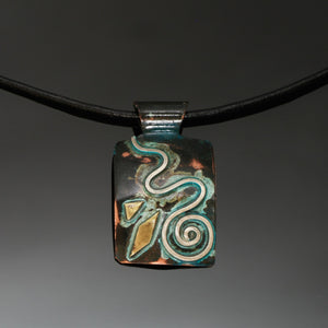 rectangular copper necklace with silver spiral, brass and blue/green pendant