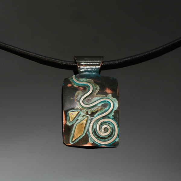 rectangular copper necklace with silver spiral, brass and blue/green pendant