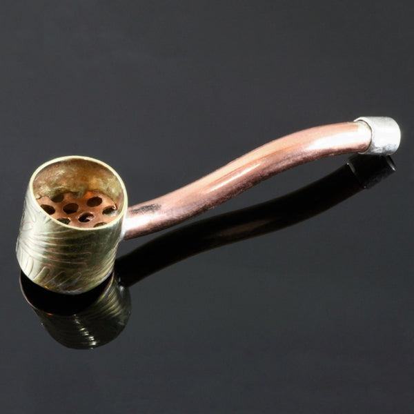 Copper pipe with a straight edged brass bowl with a copper screen inside the bowl and silver mouthpiece at the end of a copper stem.
