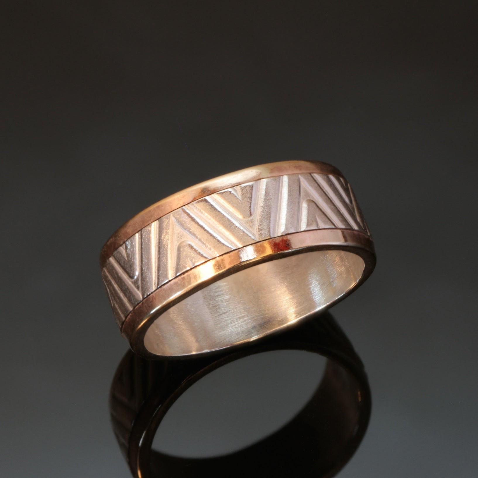 silver ring with zigzag pattern embossed and gold rails on the outside edges of the band