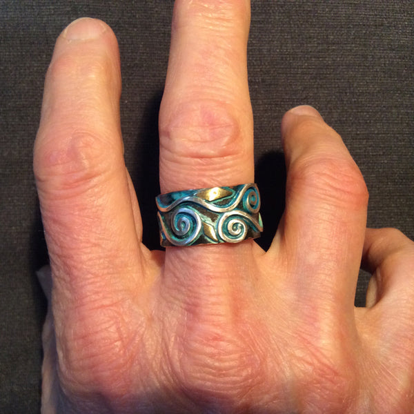 Wide Ring Copper Silver Brass, Oxidized / R510 turquoise patina
