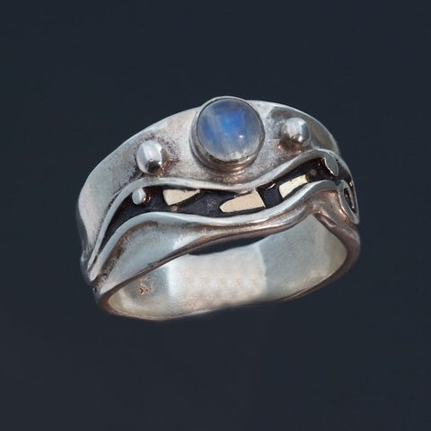 rainbow moonstone ring with recessed parts oxidized