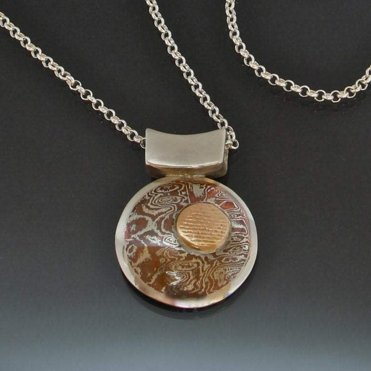 Round Mokume Necklace Silver Gold - Handmade in BC Canada