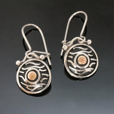 Round Earrings Silver Gold, Waves, Oxidized / E05