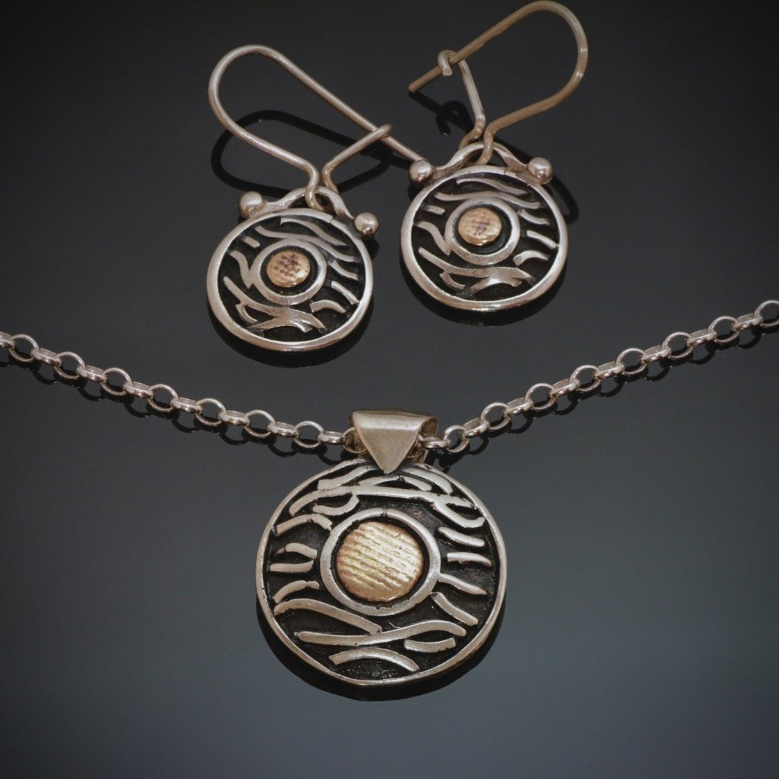 Round Silver Necklace Earring Set, Waves Moon P05/E05