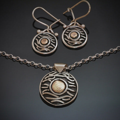 Round Silver Necklace Earring Set, Waves Moon P05/E05